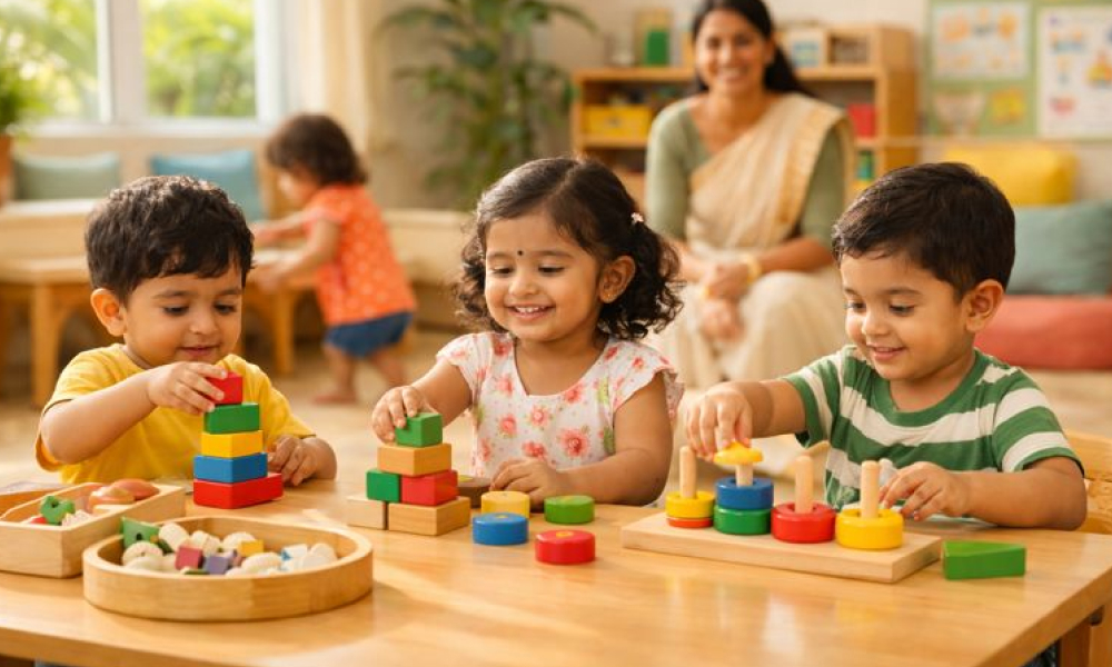 Kerala children playing with educational toys in colorful classroom